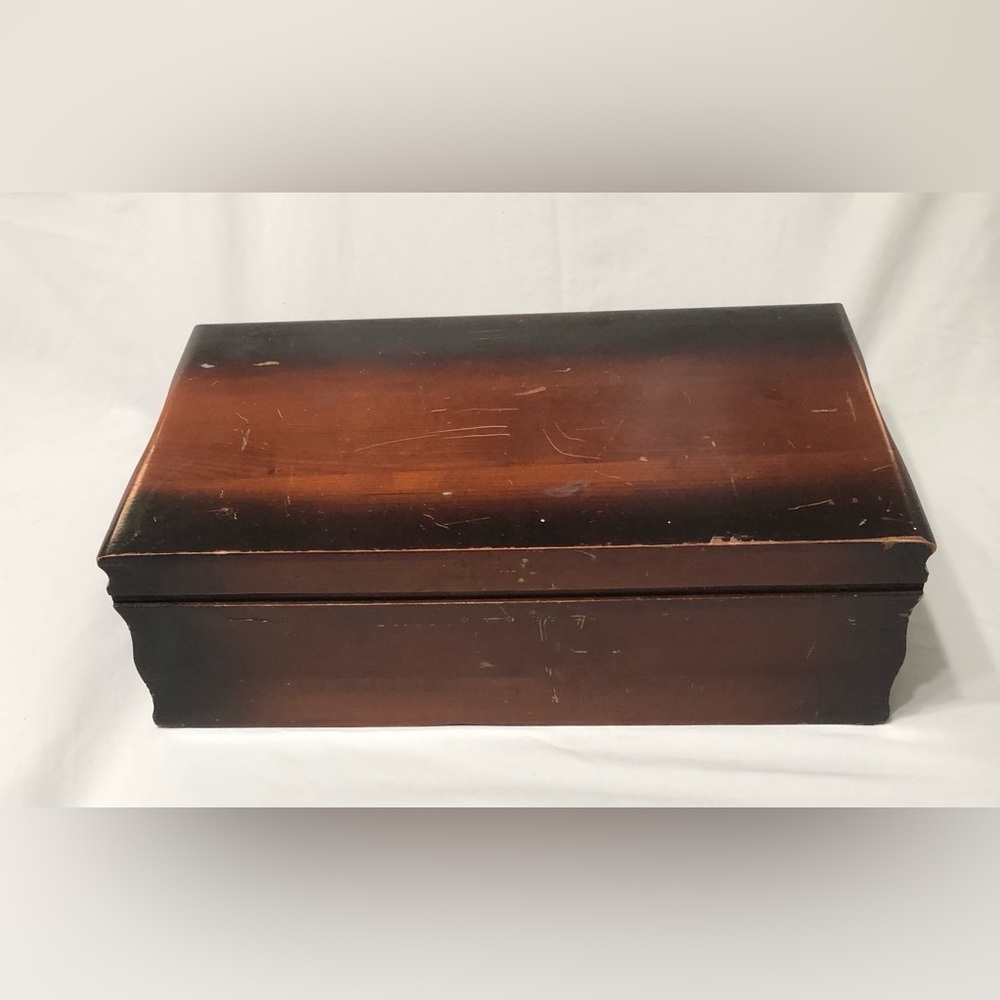 Vintage Wooden Jewelry Box with Brown Velvet Interior.20”LX12”W - Picture 5 of 6